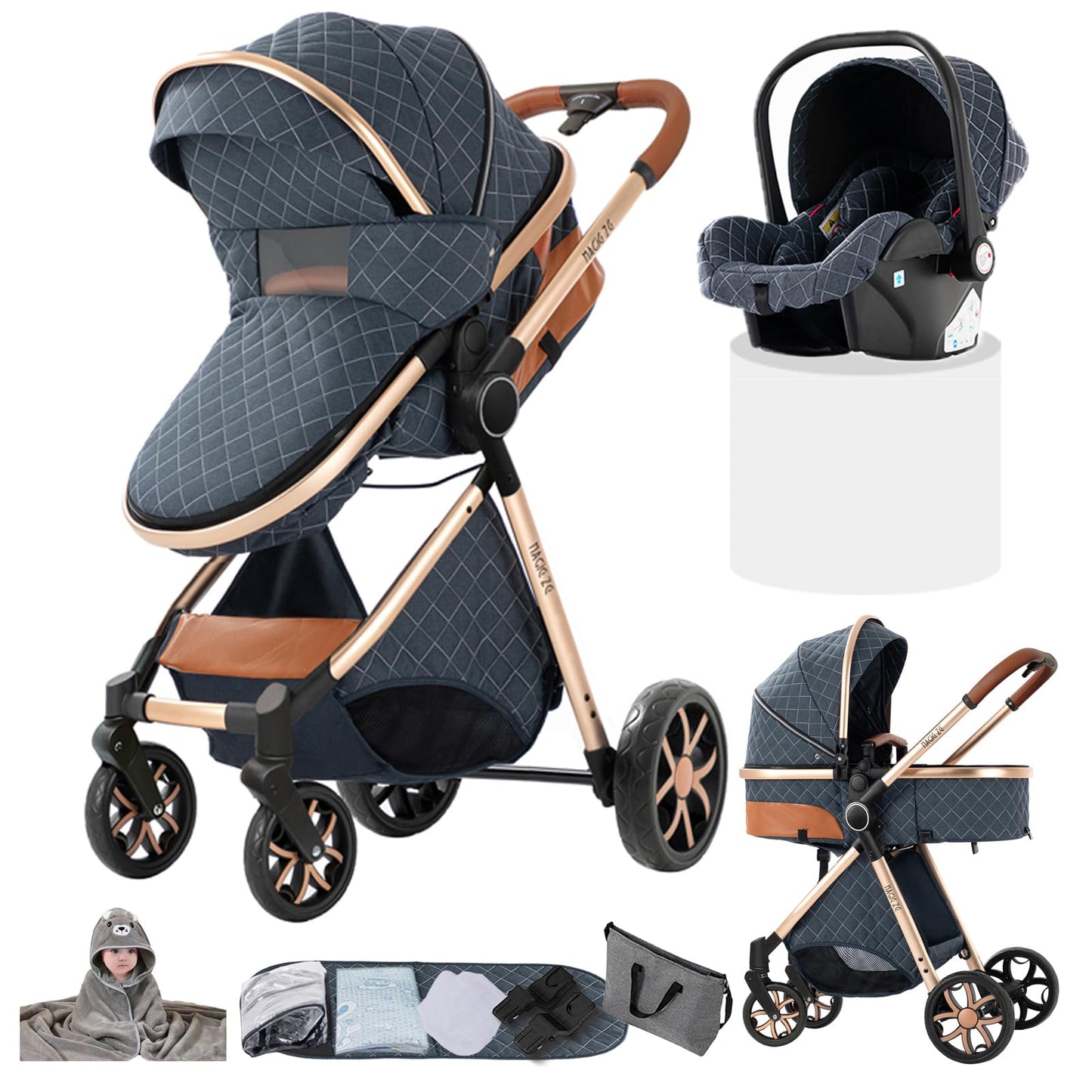 Doraystar 360° Rotation PU Leather Pushchair 3-in-1 Combination Pushchair 3-in-1 with Two Reversible Sliding Modes, Pushchair Complete Set with One-Click Folding Design, Aluminium Alloy Frame (906
