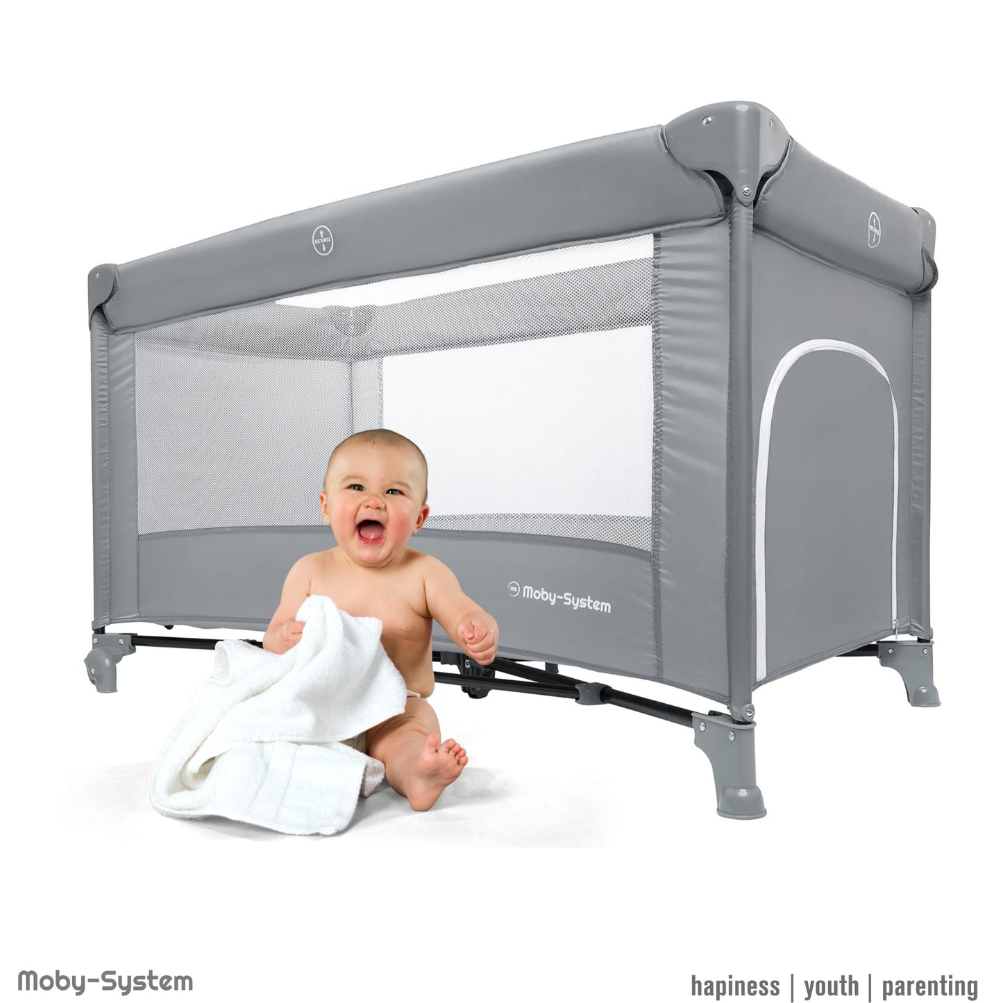 Moby-System Baby Travel Cot 128 x 68 cm - Foldable Children's Travel Bed with Mattress & Carry Bag - Playpen with Side Exit - for Babies up to 15 kg - Grey