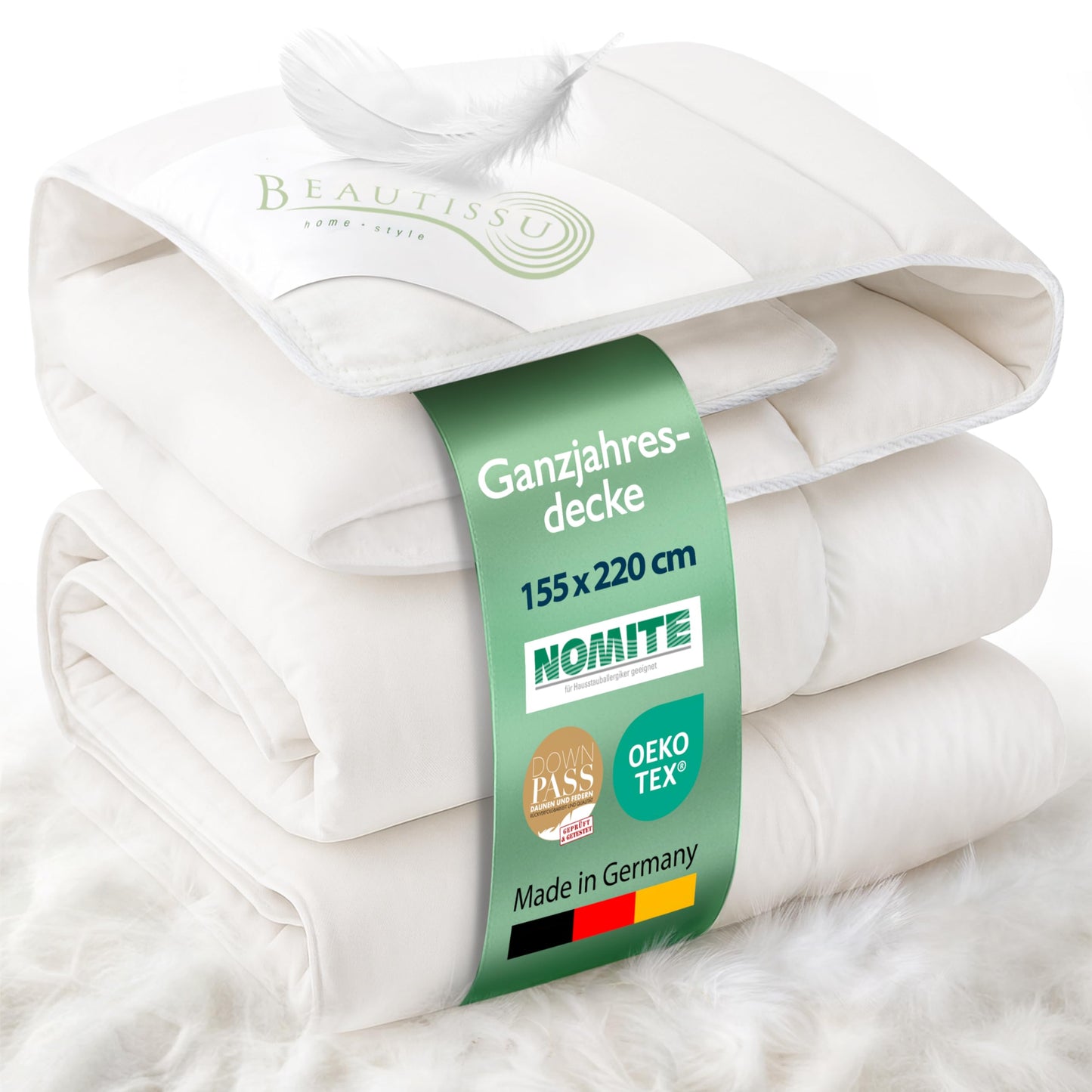 Beautissu All-Year Duvet Feather Duvet 135 x 200 cm with 100% Down and Feathers - Made in Germany - Oeko-Tex, Downpass & Nomite Certified - 100% Cotton Cover Down Duvet 135 x 200 cm Washable - GF