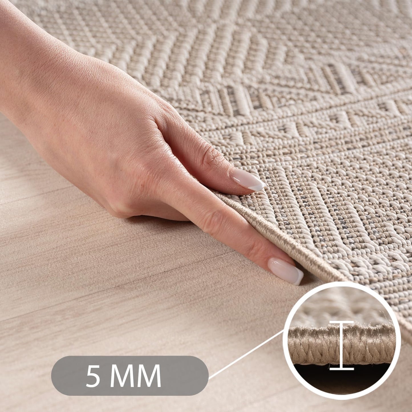 SIMPEX Outdoor Teppich Wetterfest Beige 140x200 cm, UV-beständig, ideal für Küche, Balkon, Terrasse, Garten Wohnzimmer Esszimmer, Skandinavisches Boho-Design, Pfelgeleicht