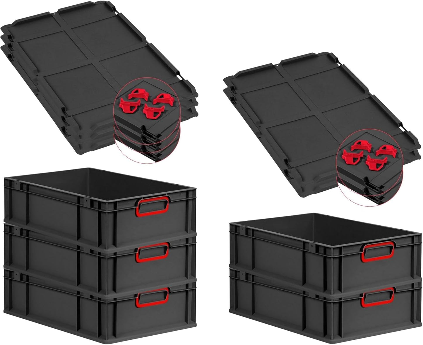 PROREGAL Economy Set of 5 Eurobox NextGen Colour with Lid and Sliding Snap Fasteners, H x W x D 22 x 30 x 40 cm, 20 L, Black, Closed Handles, Euro Container, Transport Box, Transport Container