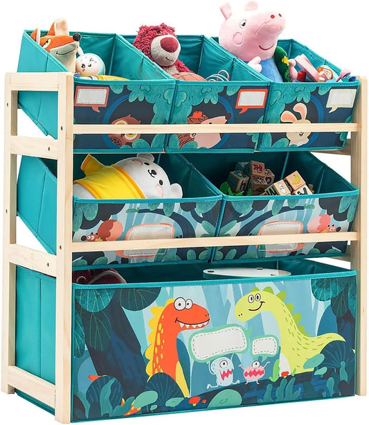 NUKied Spielzeug-Organizer|Aufbewahrungsregal|3-stöckiges Holzregal für Kinder mit Regalboxen|Bücherregal für |Kinder|Kinderzimmer|Schule|Kindergarten Stoffschubladen für Bücher und Spielzeug