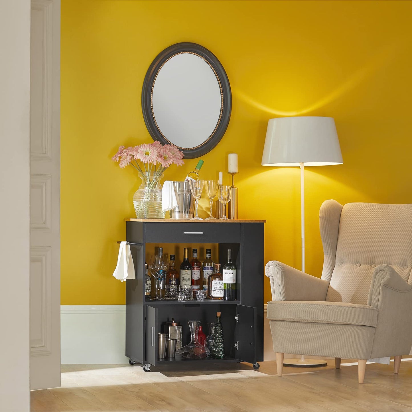 SoBuy Serving Trolley with Wheels Kitchen Trolley with Worktop Rolling Trolley Kitchen Island with Worktop Narrow Microwave Cabinet Kitchen Cabinet Side Table Wood Black 82 x 88 x 46 cm FKW113-SCH