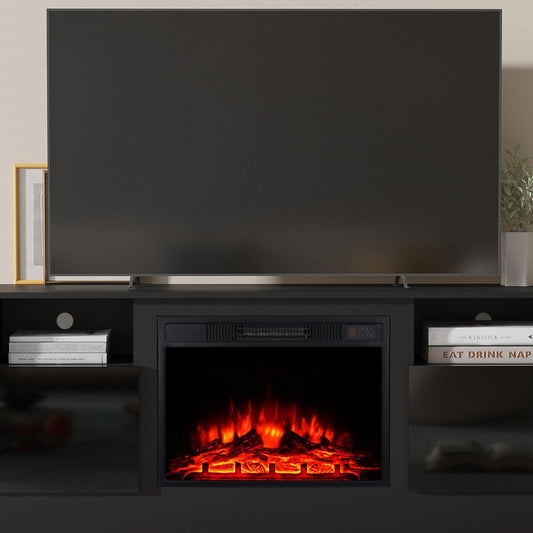 M.C.Haus Electric Fireplace with TV Stand, 58.8 cm Fireplace, for up to 143.9 x 80 cm TV, Modern Wooden Structure Entertainment Centre with LED Light, Highlight Cabinet and Glass Front, 147.3 cm,