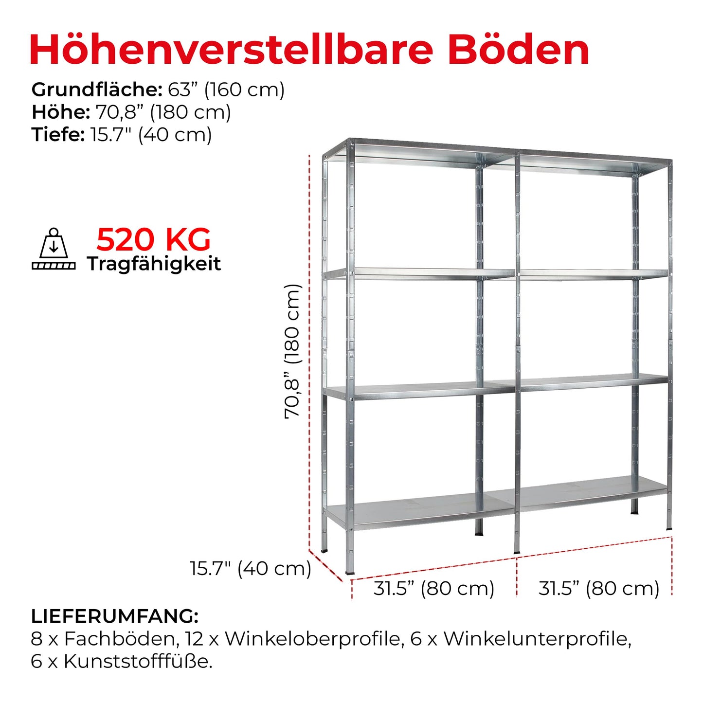 Schulte set of 2 shelving rack galvanised metal 180x160x40 cm storage/display shelf, system with 8 metal shelves, load capacity 520 kg, easy installation, slot system, no screws, silver, 4056397004455