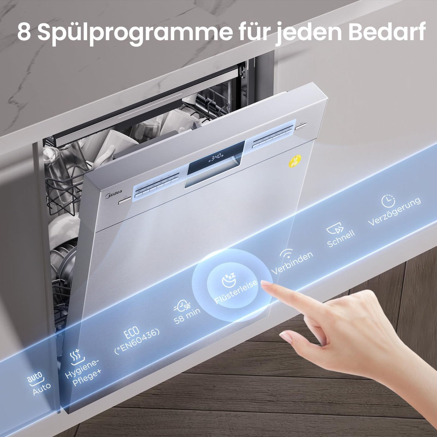 Midea SU 5.35X14CS Dishwasher Base, 14 MGD, Dishwasher 60 cm, Home Connect, Hygiene Care+, Machine Care +, Extra Drying, Half Load, 44 db, Start Delay, Stainless Steel