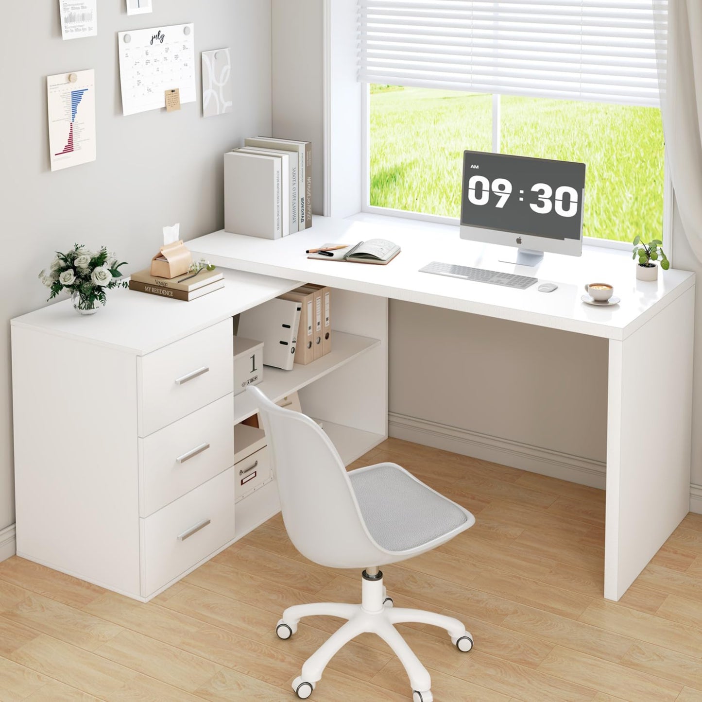 HSH Desk L Shape Modern Corner Desk Computer Desk with 3 Drawers and 2 Shelves Reversible Corner Desk with Storage Space for Home Office Table Desk White 140 cm