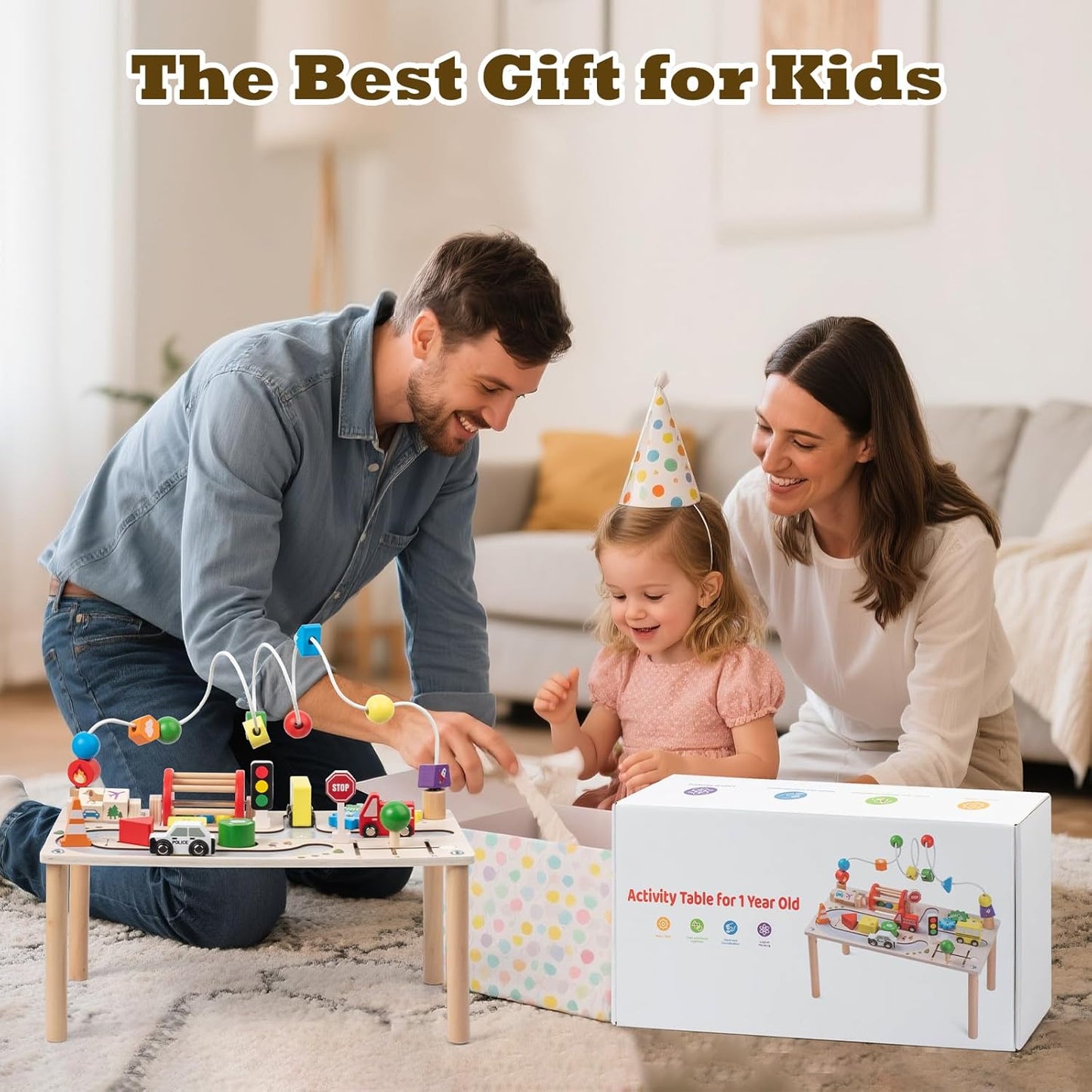 7-in-1 Montessori Wooden Activity Table with Shape Sorter & Learning Clock, Motor Skills Toy from 3 Years, Educational Toy Gift for Boys Girls for Birthday