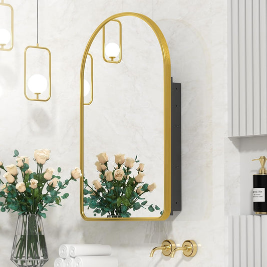 Arched Medicine Cabinet with Mirror, Recessed Medicine Cabinet, Aluminum Frame, Surface Mounted, Gold Mirror Cabinet with Storage for Bathroom, 40 x 80 cm