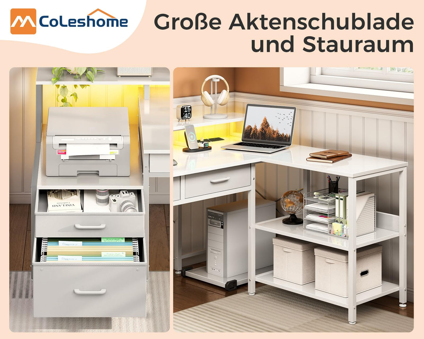 Coleshome L Shape Desk with Drawers, 195 x 100 cm Gaming Table with Socket, LED & Monitor Stand, Reversible Corner Desk with Storage Space, Computer Desk with Shelf for Office, Black