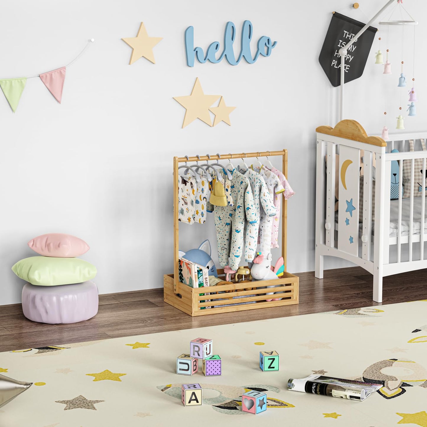 Baby Clothes Rack for Toddlers, Pet Clothes Rack with Storage Box & Adjustable Clothes Rail for Dogs/Cats, Baby Shower Wardrobe with Handle for Children's Room