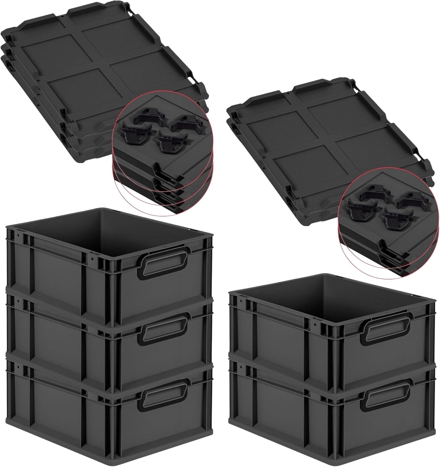 PROREGAL Economy Set of 5 Eurobox NextGen Colour with Lid and Sliding Snap Fasteners, H x W x D 22 x 30 x 40 cm, 20 L, Black, Closed Handles, Euro Container, Transport Box, Transport Container