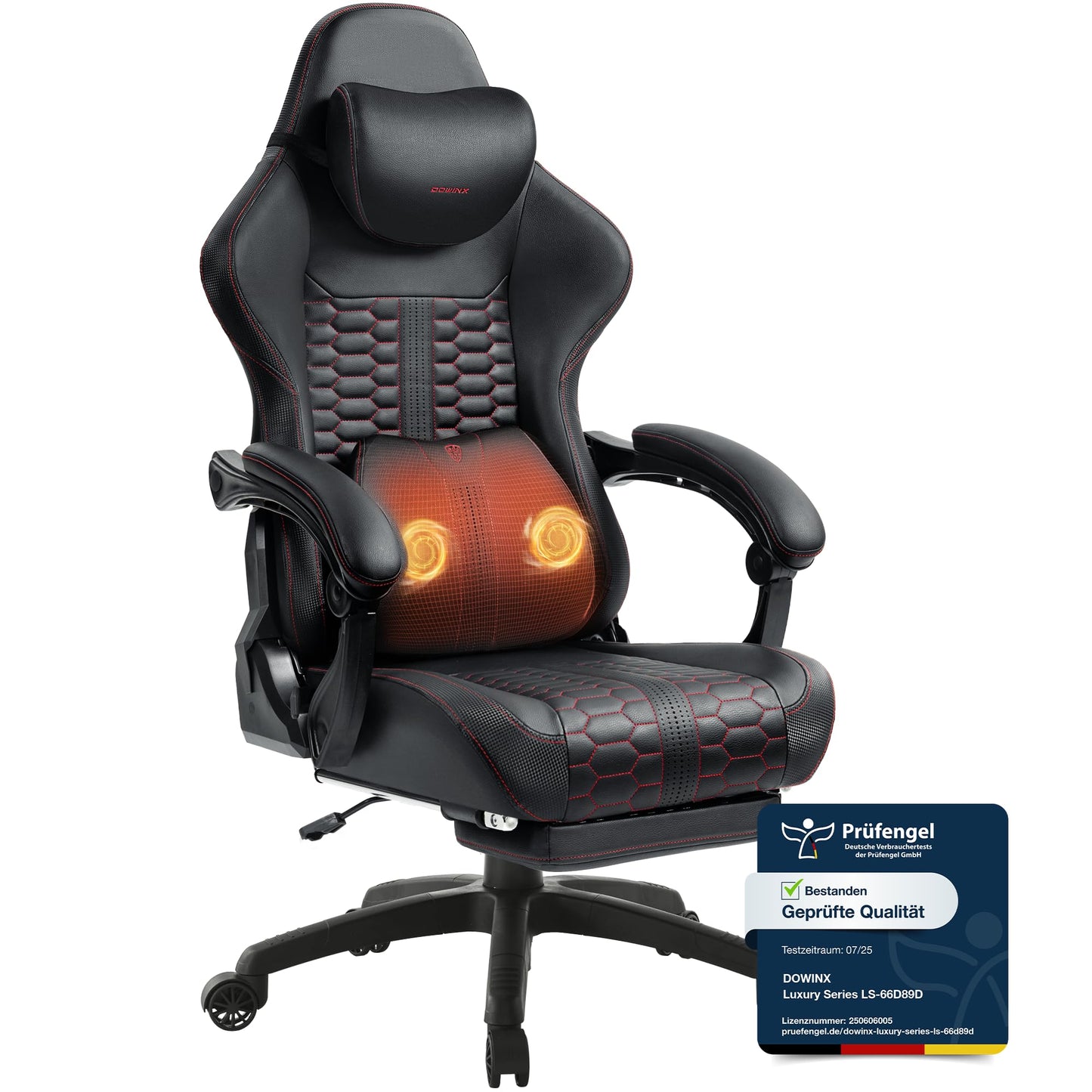 Dowinx Big and Tall Gaming Chair with Massage Lumbar Support, Gamer Chair with Footrest, Ergonomic Computer Chair, PU Leather, 180 kg, Brown