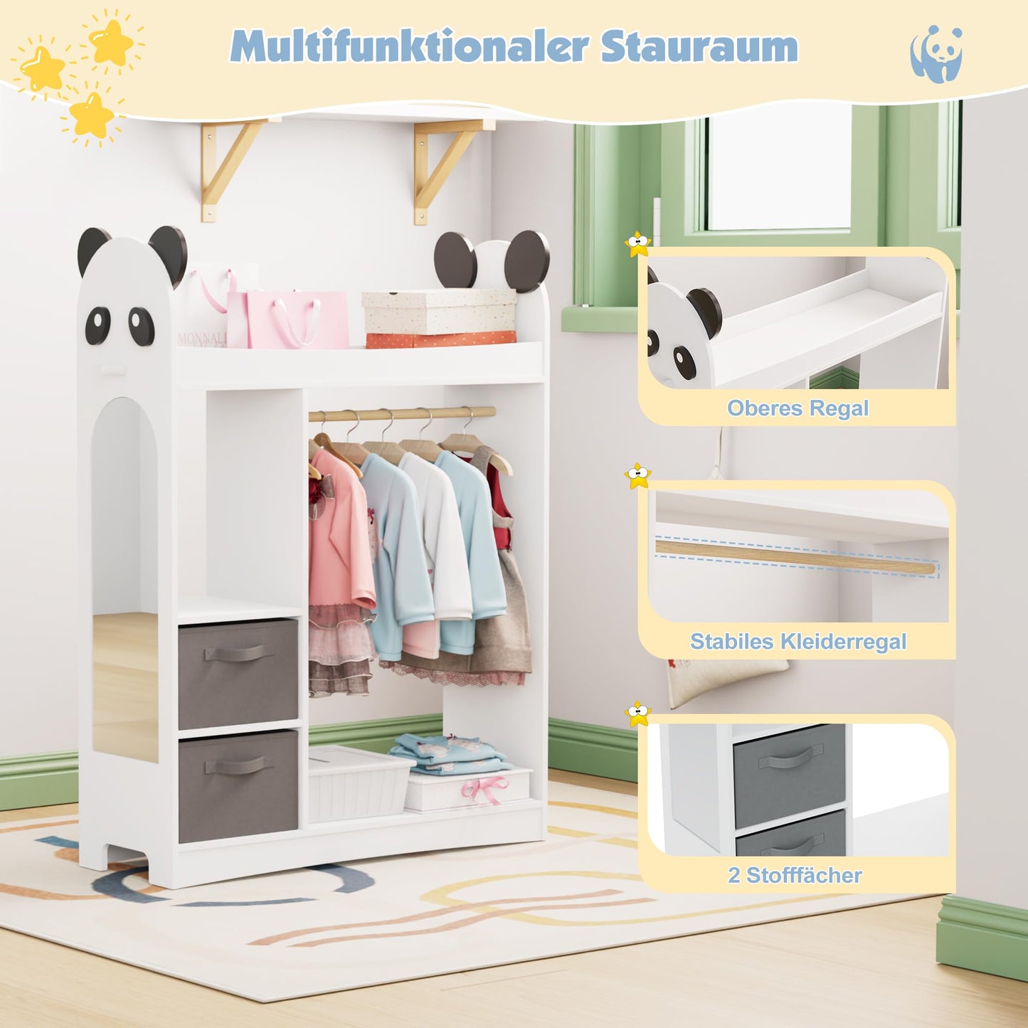 Children's Clothes Rack with Mirror, Clothes Rail with Shelves, Children's Wardrobe Wood, Children's Shelf for Children's Room, 81 x 28 x 106.5 cm (Clouds with 2 Drawers, White)