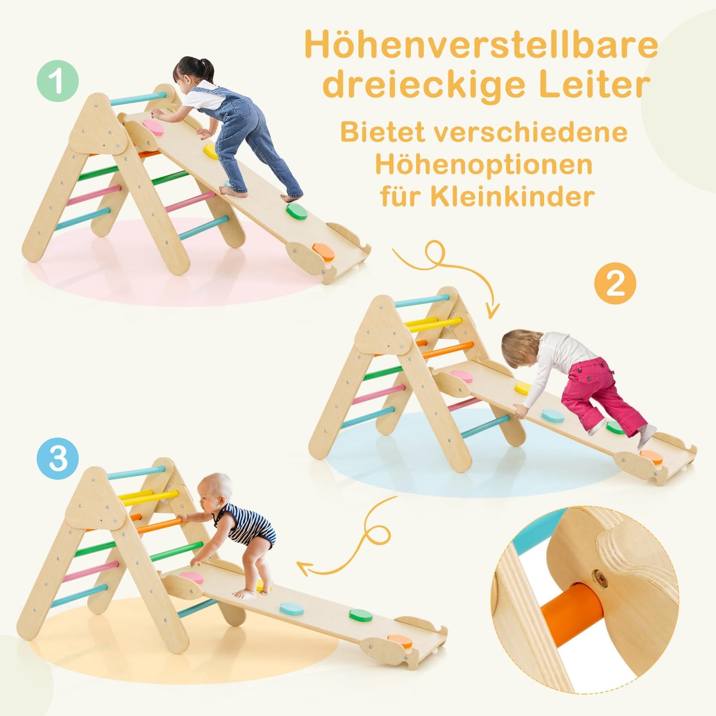 COSTWAY Kletterdreieck mit Rutsche, Kletterbogen, inkl. doppelseitige Rampe, zum Klettern, Rutschen und Wippen, 4 in 1 Klettergerüst Indoor ab 1 Jahr (Macaron bunt)