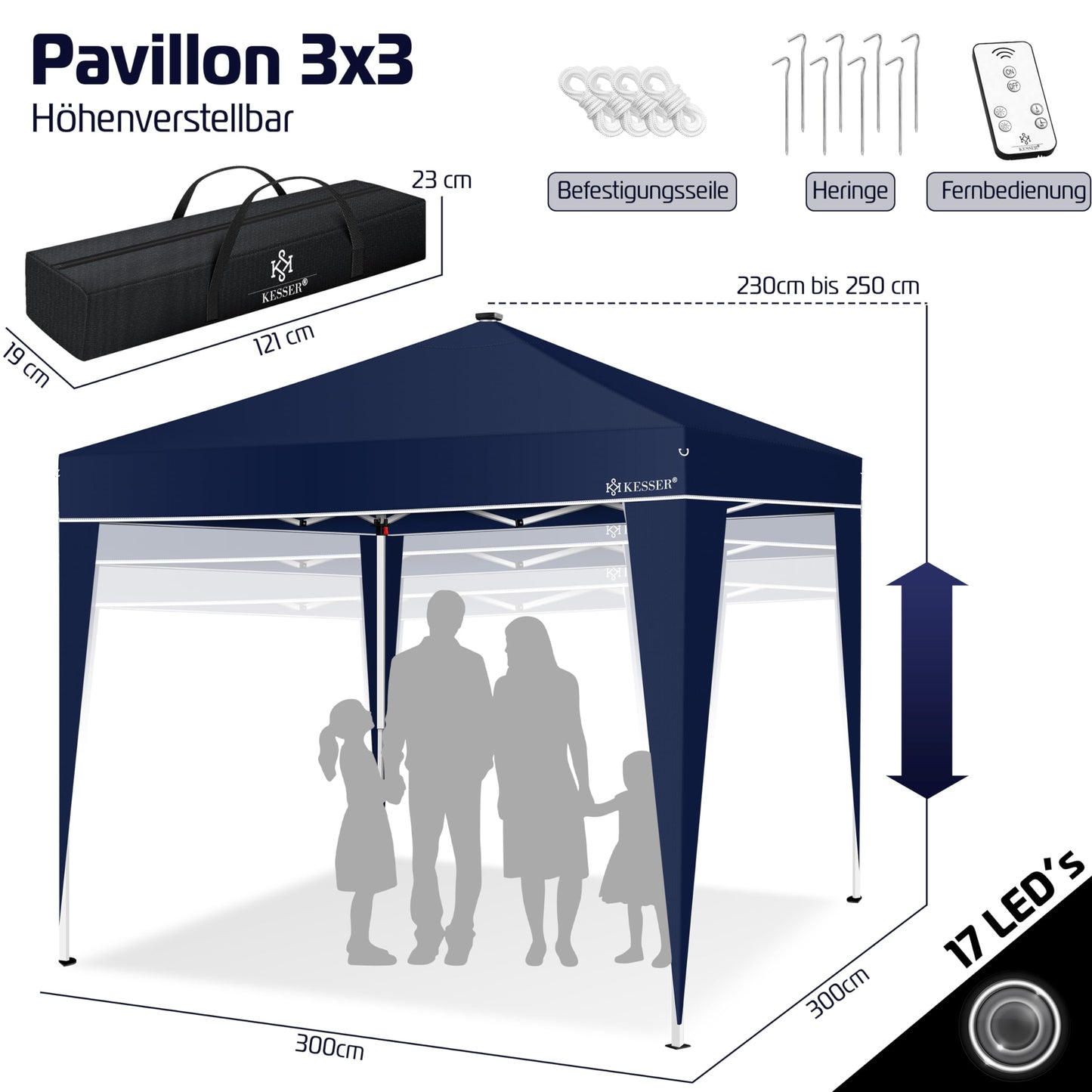 KESSER® Folding Gazebo 3 x 3 m with LED Lighting, Pop-Up Garden Gazebo, Height Adjustable, Stable, Waterproof, Winterproof, Party Tent, Marquee, UV Protection 50+, Includes Remote Control and Bag