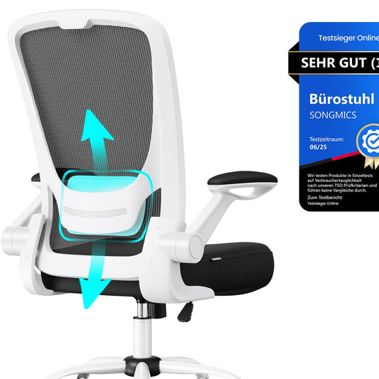 SONGMICS OBN037R01 Office Chair, Desk Chair, Mesh Swivel Chair, Ergonomic, Padded Lumbar Support, Rocker Function, 53 cm Seat, Folding Arms, Pastel Pink