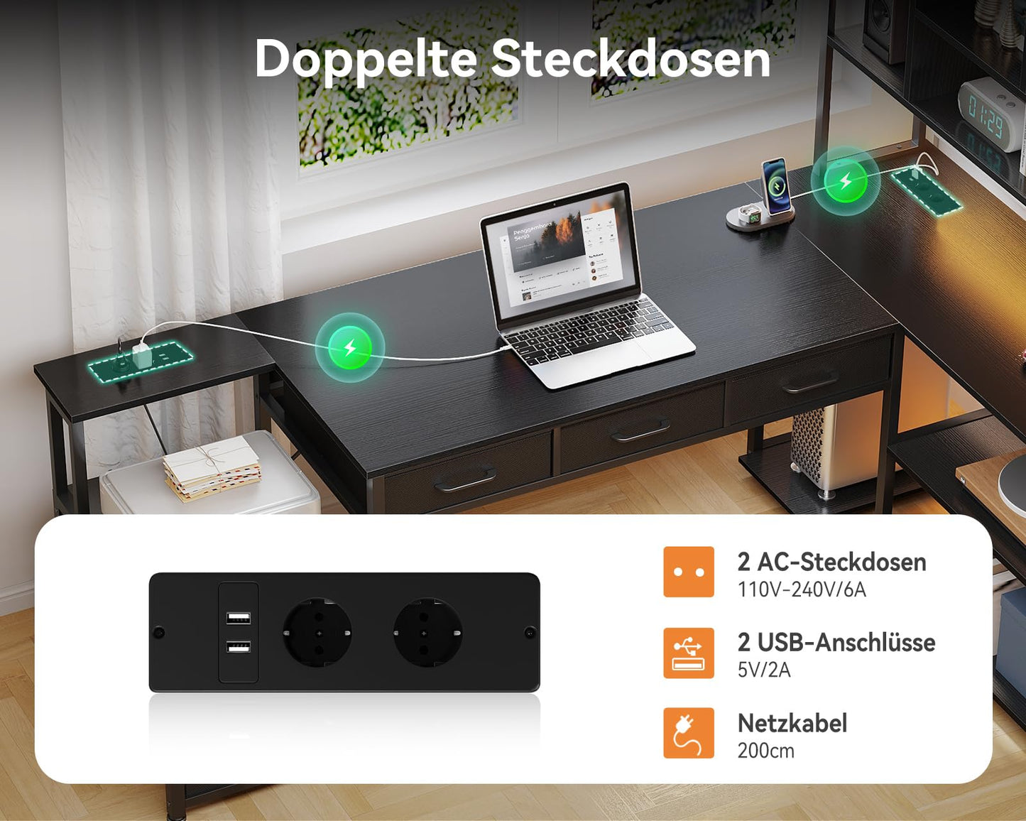 Coleshome Corner Desk with 5 Drawers and 4 Shelves, 200 x 110 cm Desk L-Shape with LED, Sockets & USB, Large Desk for Home Office, Black