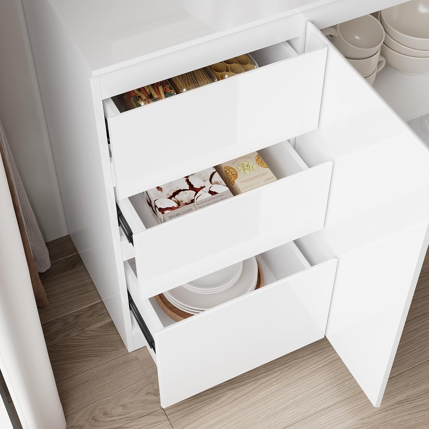 Caldion Kitchen Sideboard, Kitchen Cabinet, 3 Drawers and 3 Doors, Glossy, for Kitchen, Storage Cabinet with Doors, Entrance Area, Living Room, 155 x 40 x 83 cm, White