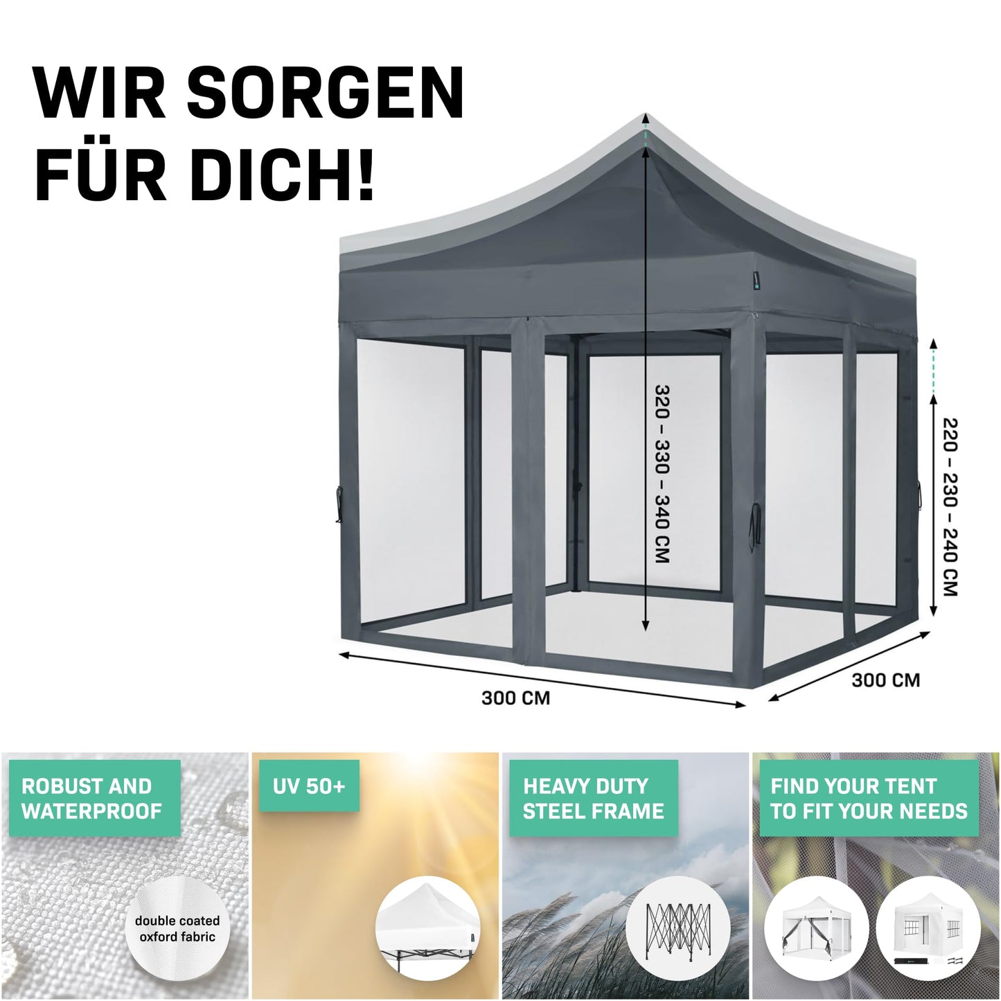 VONROC Gazebo 3 x 3 m Waterproof Stable – Party Tent EasyUp System [3Min Assembly] Pop-up Folding Gazebo Modular Expandable as Festival Tent, Garden Gazebo