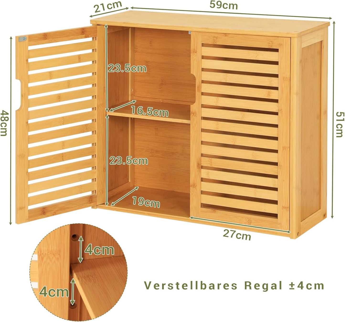 VIAGDO Bathroom Cabinet Hanging Bamboo Wall Cabinet Kitchen Cabinet Bathroom Shelf Medicine Cabinet with Height-Adjustable Shelf Bathroom Cabinet Wall Mounted Wall Shelf 20.7 x 59 x 51 cm