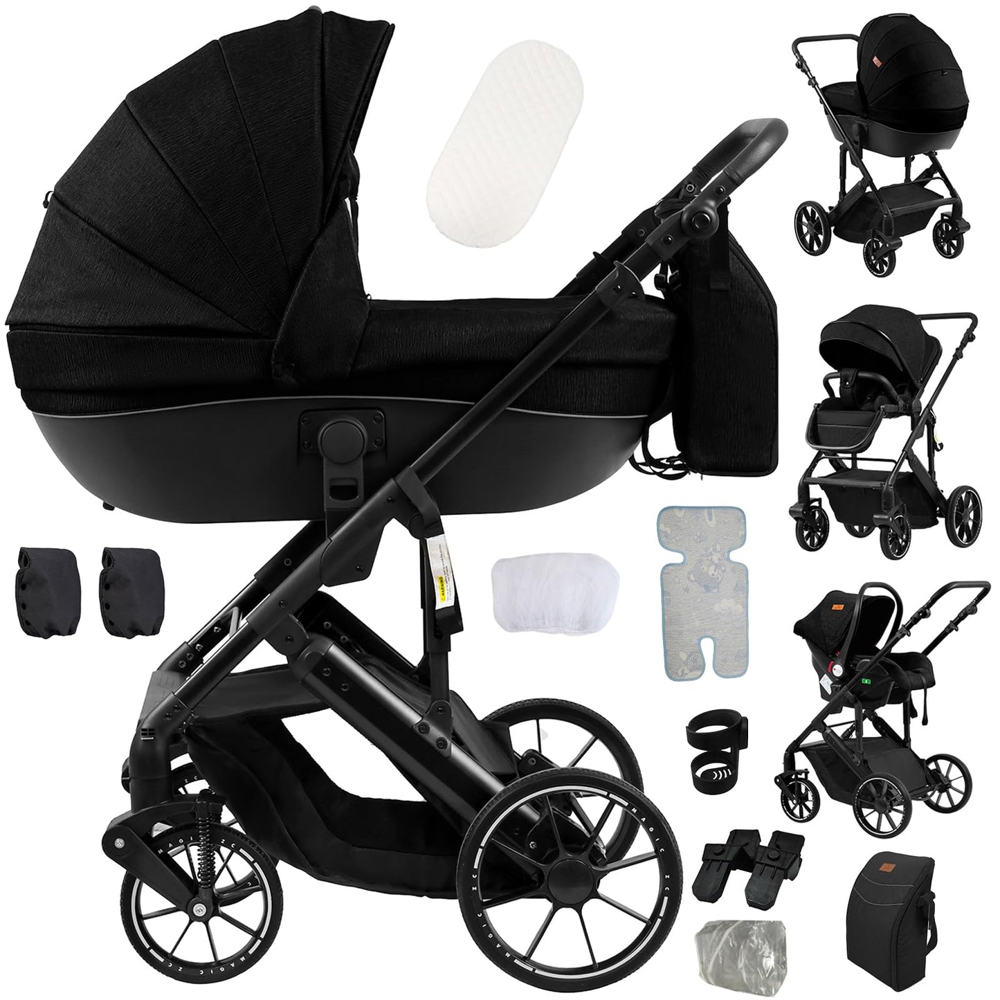 Doraystar 360° Rotation PU Leather Pushchair 3-in-1 Combination Pushchair 3-in-1 with Two Reversible Sliding Modes, Pushchair Complete Set with One-Click Folding Design, Aluminium Alloy Frame (906