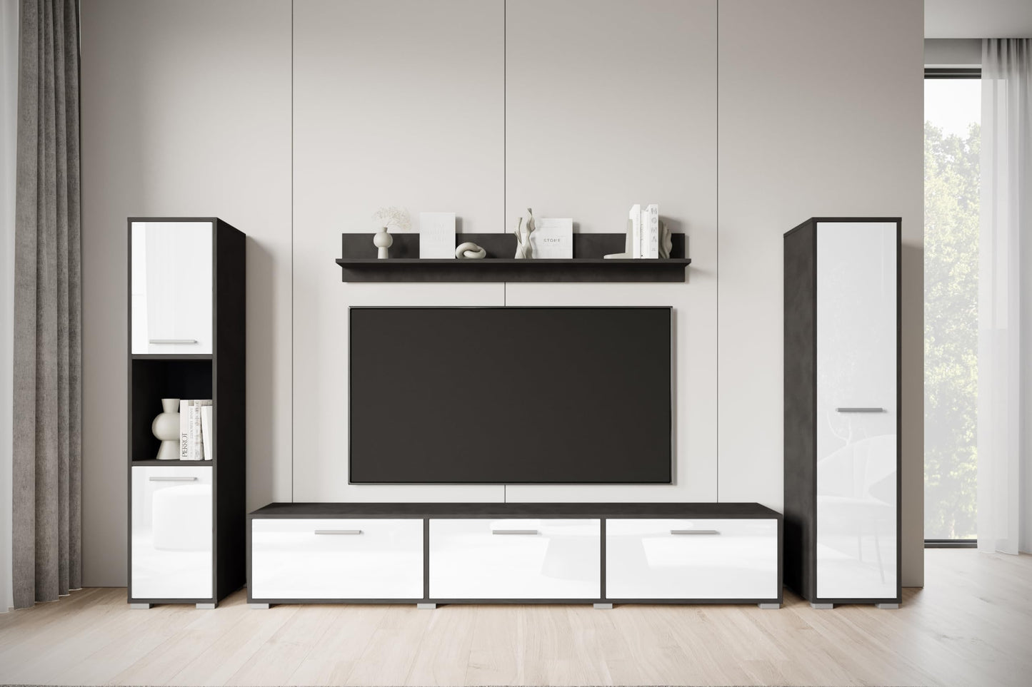 MINIO go for it - Living Room Wall Unit 4-Piece Toga, Living Room Furniture Set, 1 x TV Lowboard, 2 x Tall Cabinet, 1 x Wall Board, Living Room Furniture Complete, Living Room Set - Colour Wotan Oak