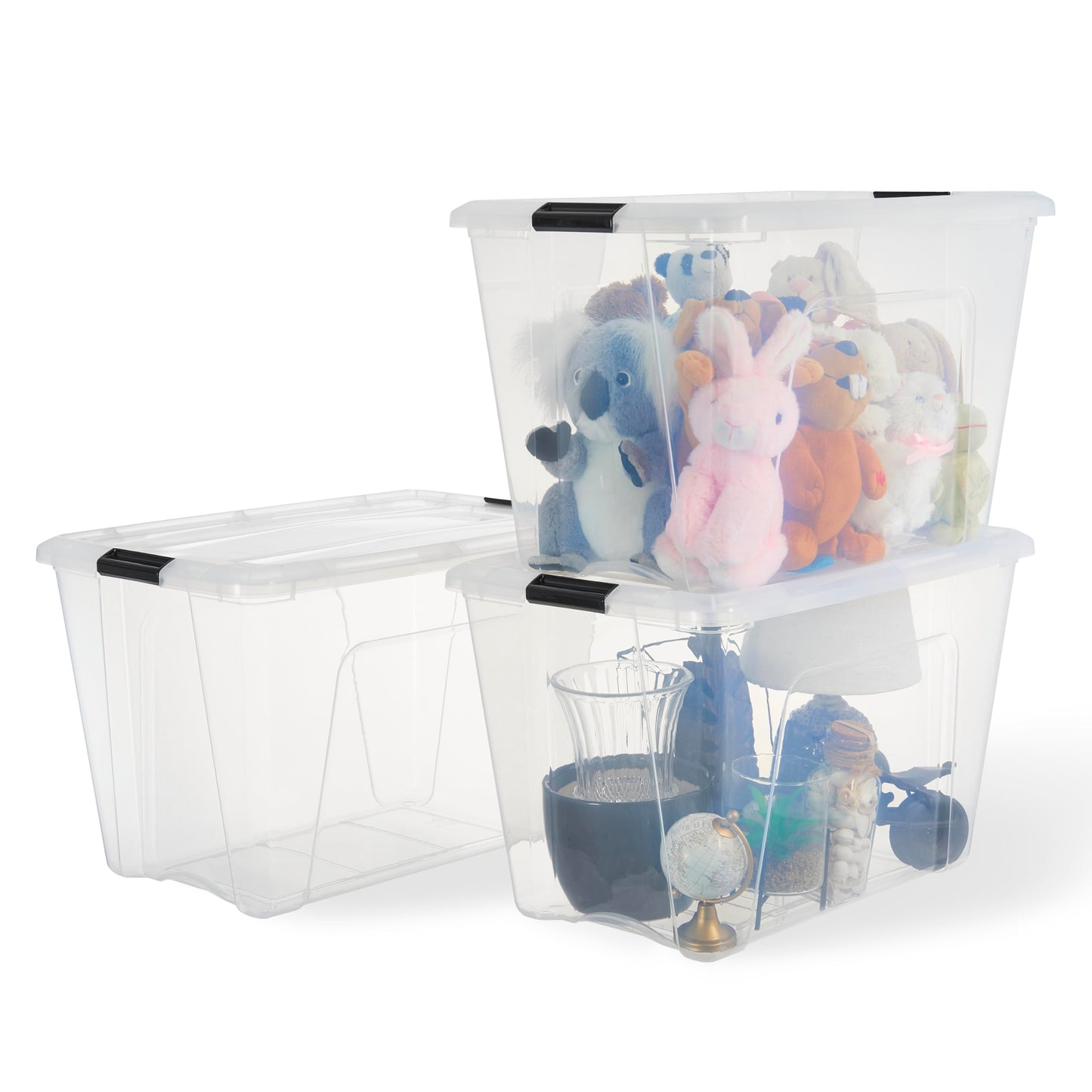 Iris Ohyama Storage Boxes with Lids, 55L, Set of 4, Transparent, Secure Closure, Stackable, Handles, Bedroom, Closet, Office, Organisation, BPA-Free Plastic, Organiser Boxes, BSB-55