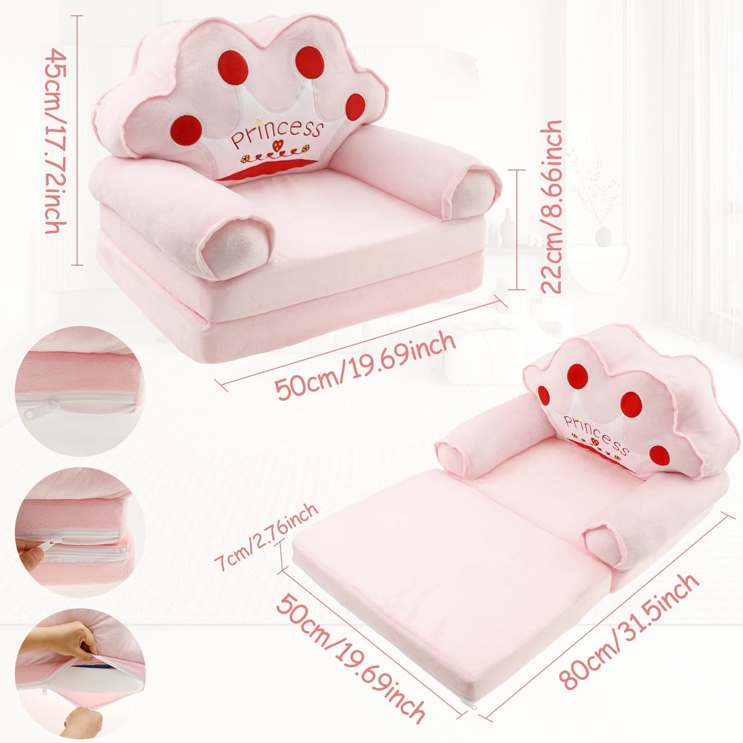 TNTGMG Children's Sofa, 2-in-1 Soft Toddler Chairs with Handle, 80 x 50 cm, Foldable Baby Lounge Chair, Convertible Play Sofa to Deck Chair for 1 to 4 Years Old Girls and Boys Playroom (Pink Crown)