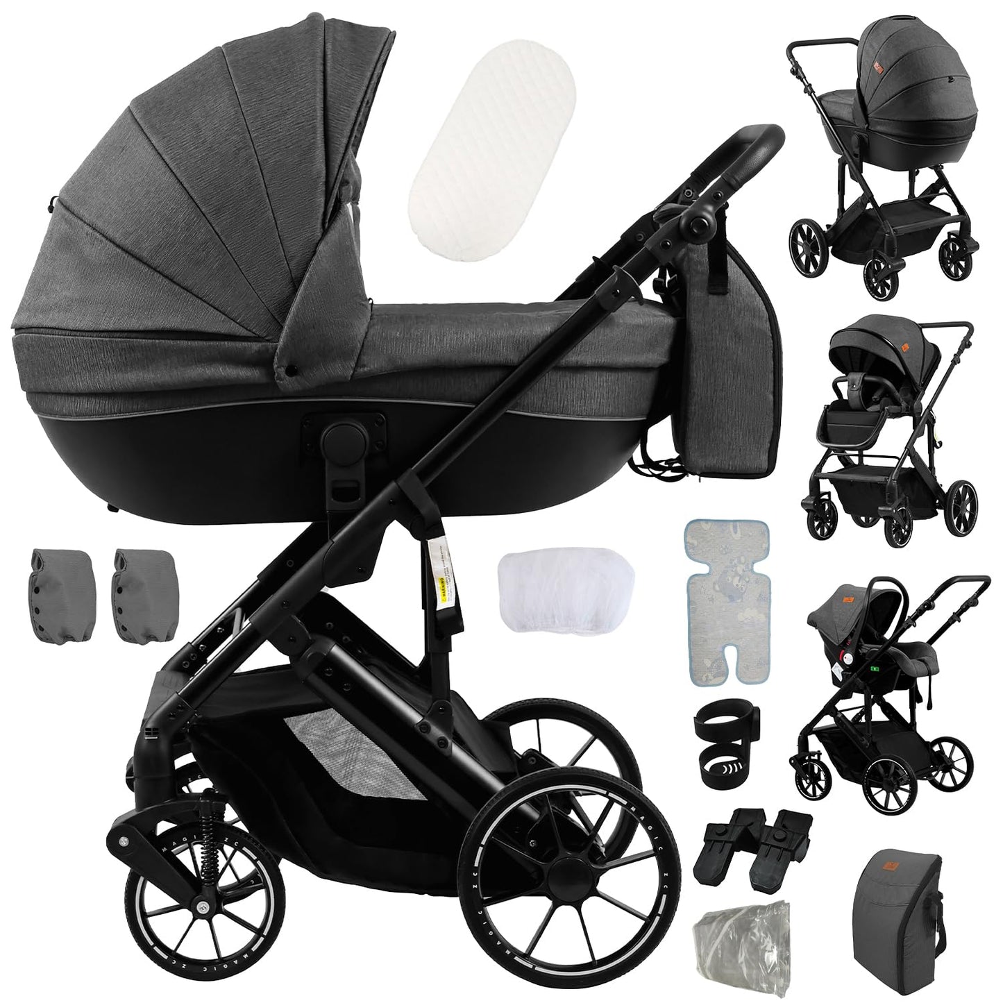 Doraystar 360° Rotation PU Leather Pushchair 3-in-1 Combination Pushchair 3-in-1 with Two Reversible Sliding Modes, Pushchair Complete Set with One-Click Folding Design, Aluminium Alloy Frame (906