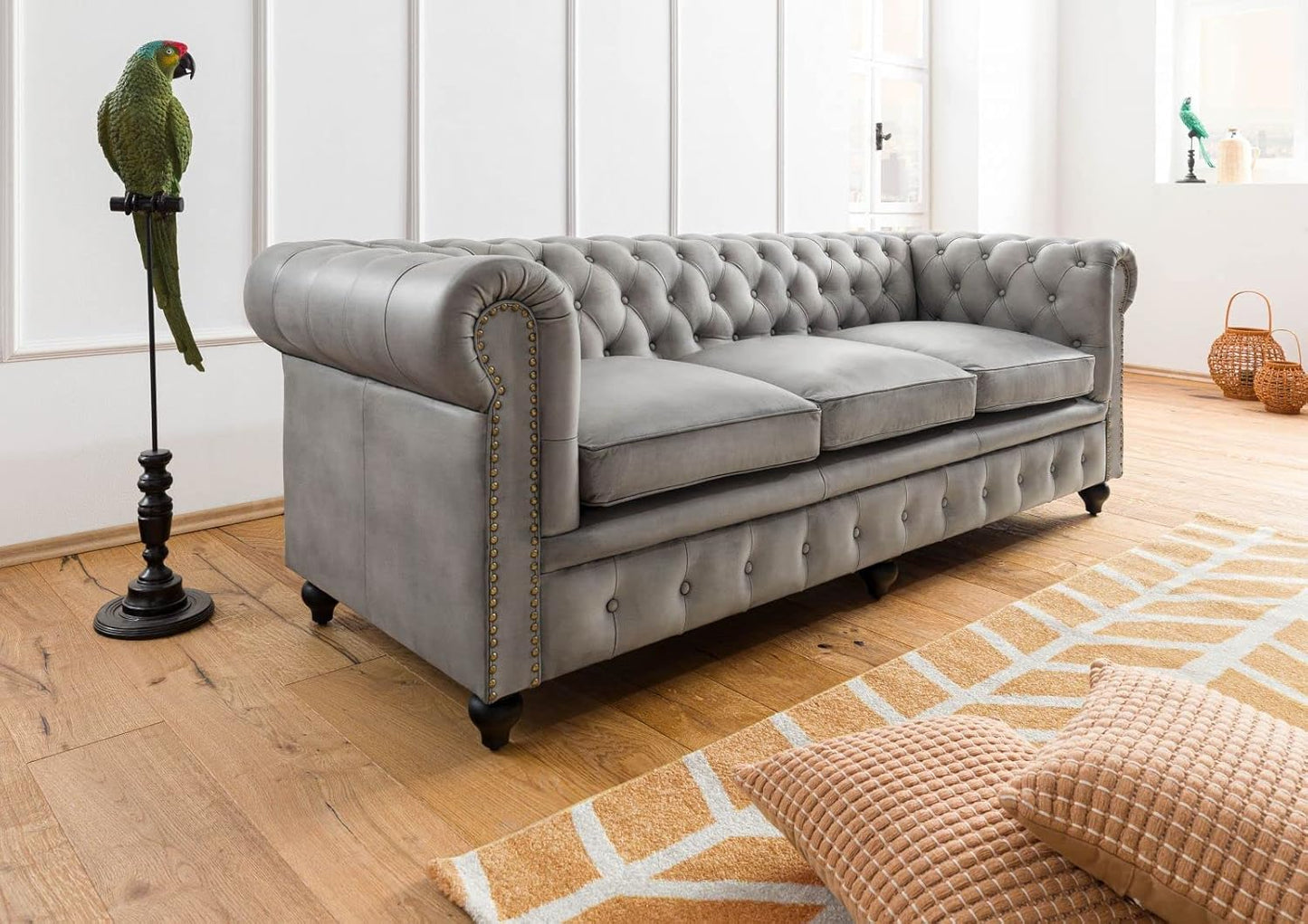 MASSIVMOEBEL24.DE Chesterfield #103 3-Seater Sofa Real Leather 218 x 82 x 76 cm Brown