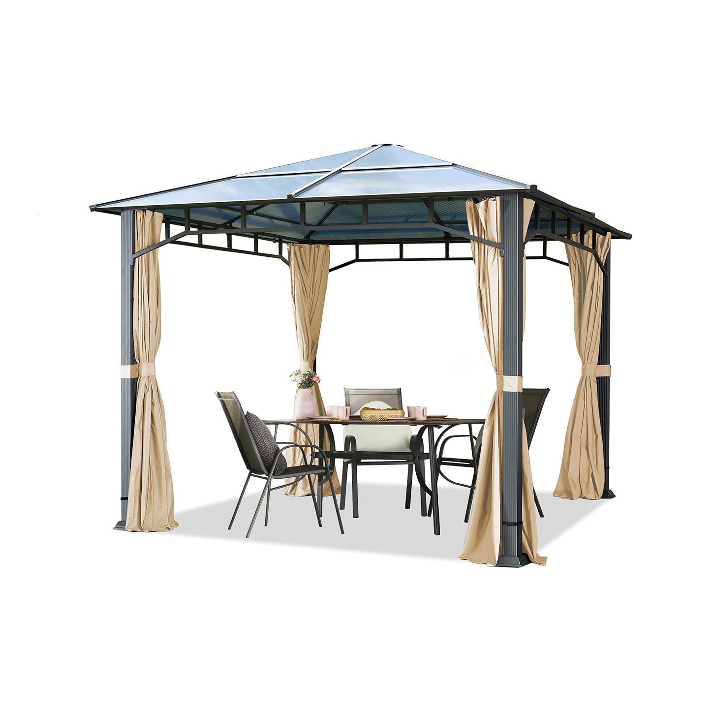 Toolport Garden Gazebo, 3 x 4 m, Waterproof, Aluminium, Deluxe, Polycarbonate Roof Approx. 8 mm, Gazebo with 4 Side Panels, Party Tent, Grey, 9 x 9 cm Profile