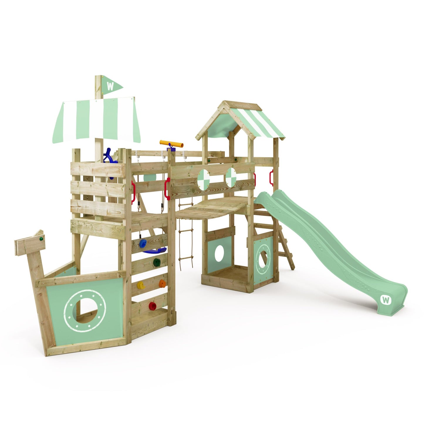 WICKEY Spielturm Klettergerüst StormFlyer mit Schaukel & roter Rutsche, Outdoor Kinder Kletterturm mit Sandkasten, Leiter & Spiel-Zubehör für den Garten