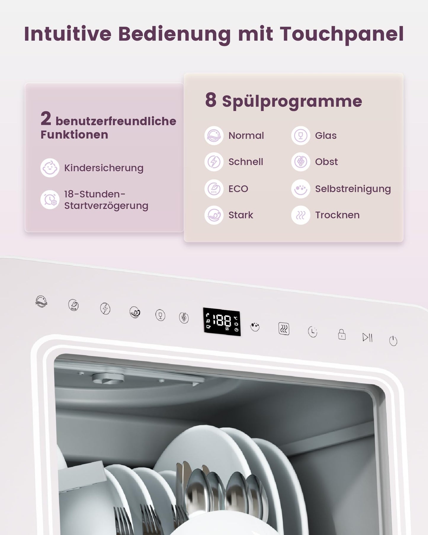 HAVA Dishwasher with Water Softener and Increased Energy Efficiency, Dishwasher with 8 Programmes, Child Lock & Delayed Start, No Installation Required