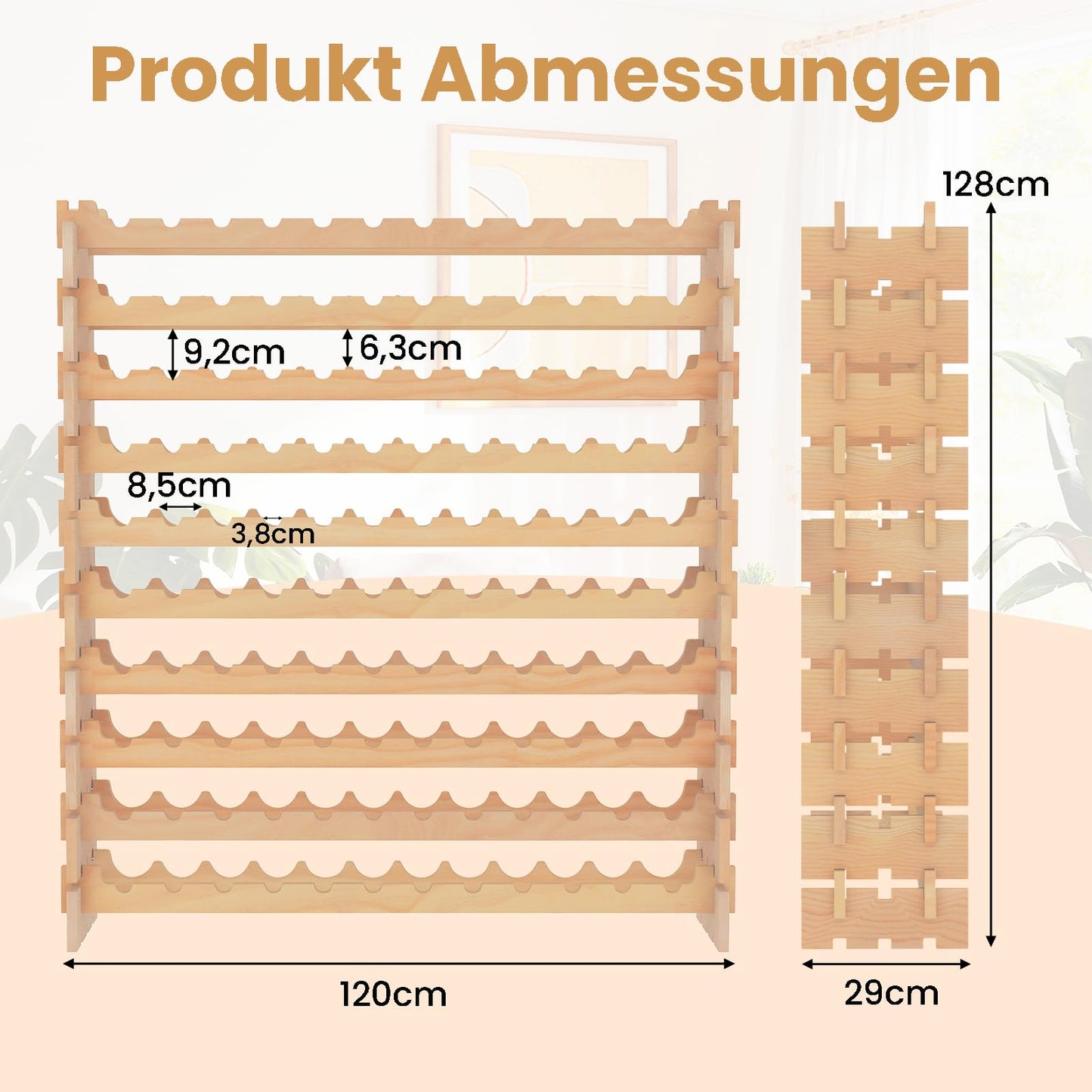 COSTWAY Wine Rack Wood Stackable Bottle Rack for 72 Bottles, Wine Rack with 6 Levels, Wooden Shelf, Bottle Stand for Kitchen, Dining Room, Bar, Basement, 119 x 29 x 72 cm