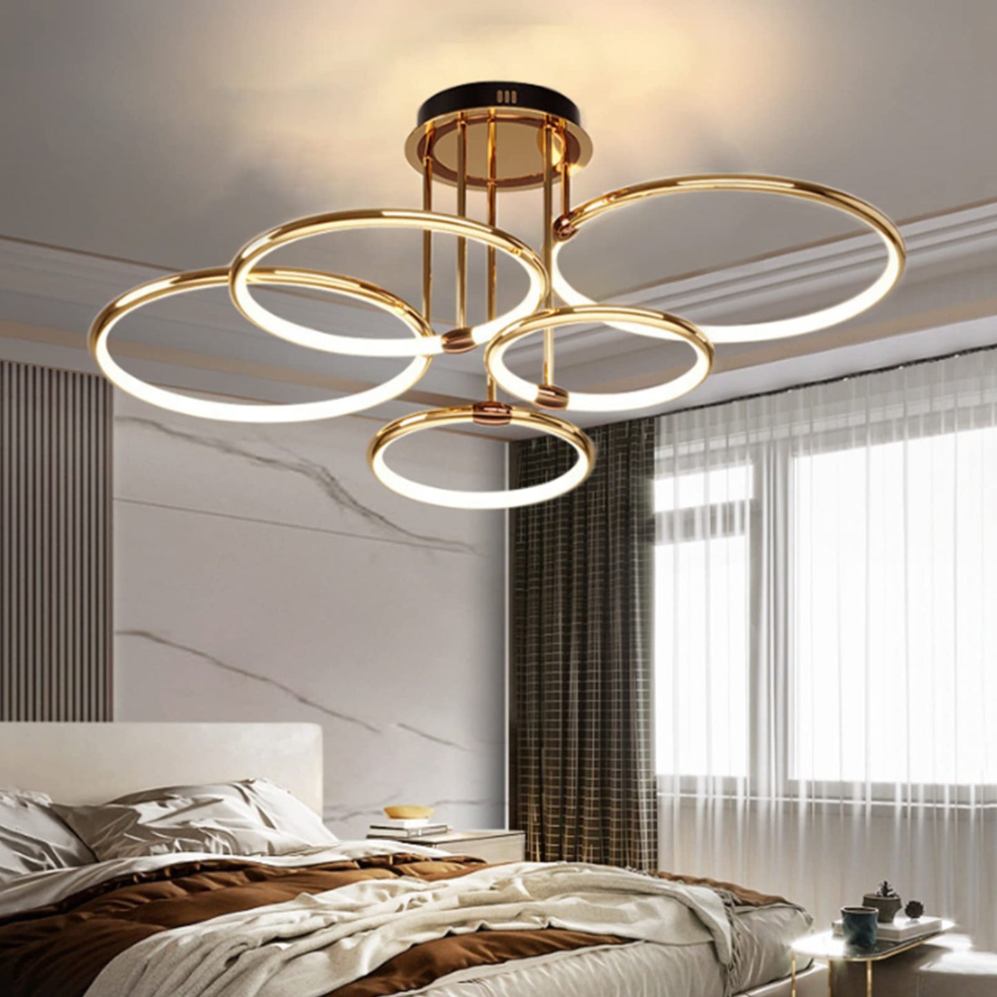 LED Deckenleuchte Modern Design Deckenlampen Gold 5-Ring Lampen Dimmbar Wohnzimmerlampe mit Fernbedienung, Aluminium Led Beleuchtung für Wohnzimmer Schlafzimmer Küche Esszimmer Büro 93cm, 108W…