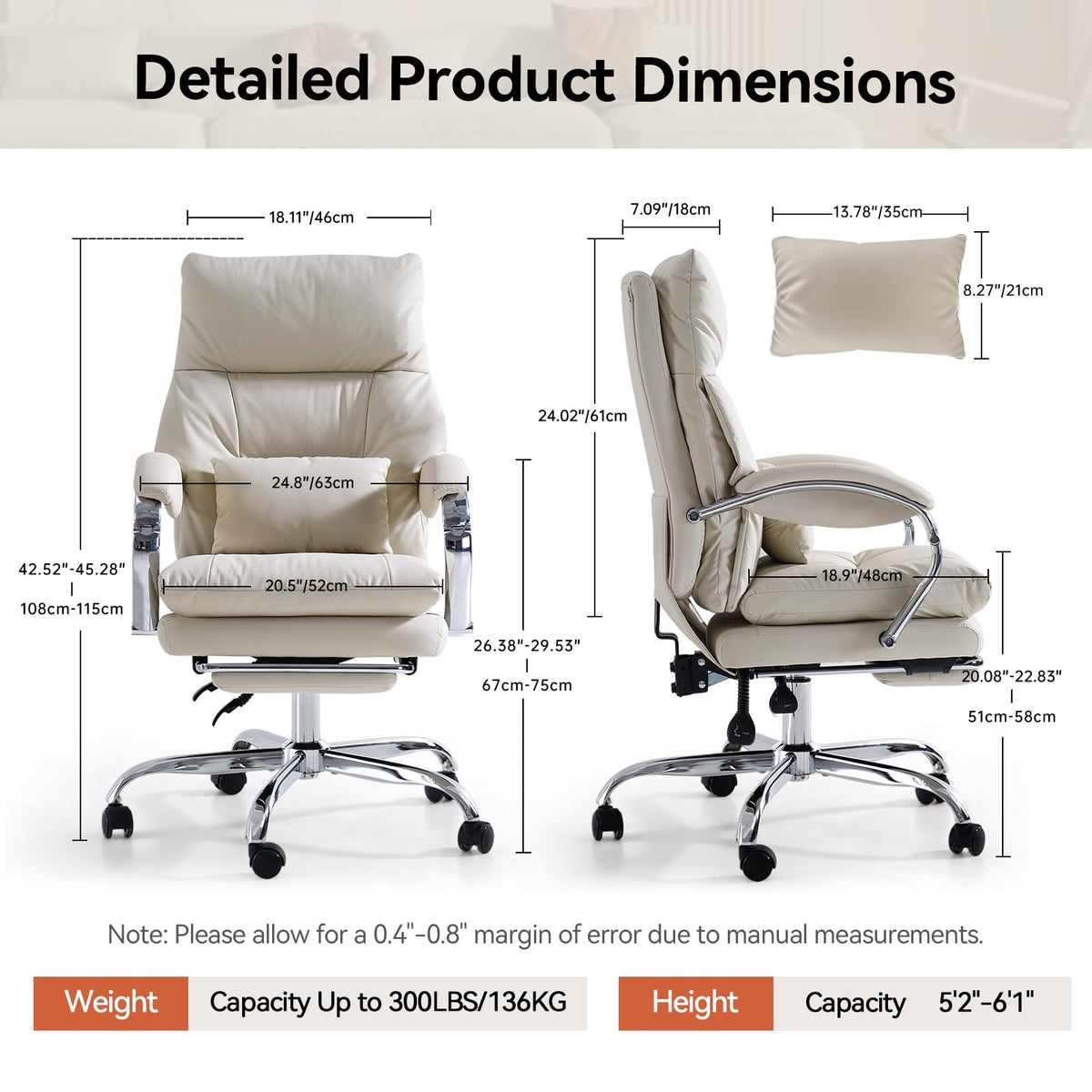 EMIAH Bürostuhl mit Fußstütze, Bequemer Schreibtischstuhl mit Gekreuzten Beinen und Armlehnen, Ergonomischer Chefsessel aus PU Leder mit Rollen, Computer Gaming Stuhl mit Verdicktem Kissen, Beige