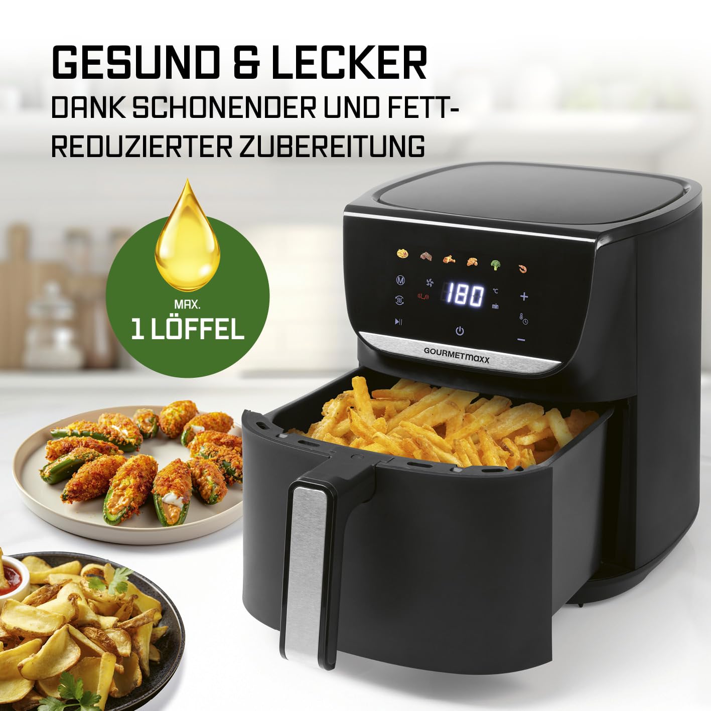 GOURMETmaxx Digitale Heißluftfritteuse 12 L, XXL-Edelstahl-Ofen | Airfryer + Timer, Touchdisplay, Drehspieß | fettarm, energiesparend frittieren | 10 Programme inkl. Pizza | 1800 W