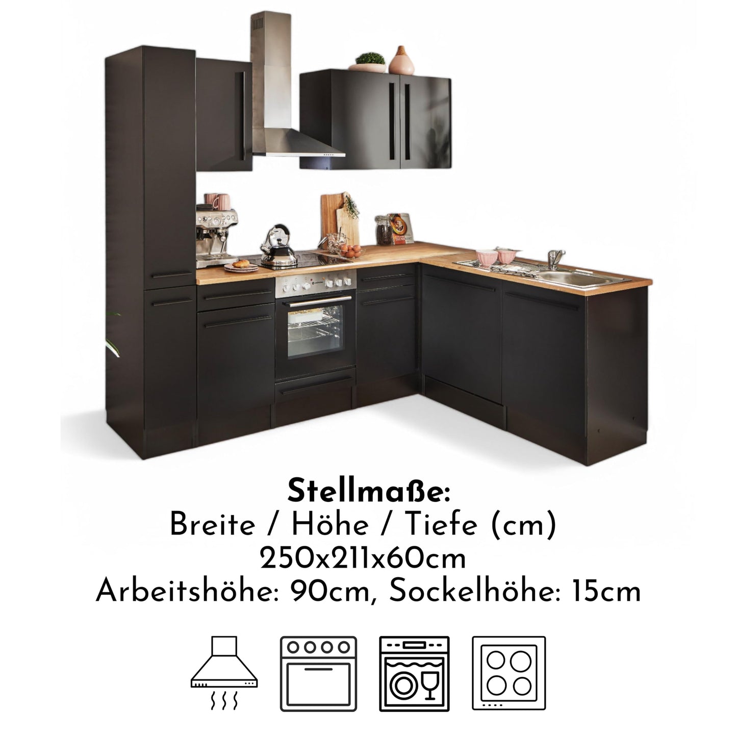 Jazz 8 Modern Corner Kitchen without Electrical Appliances in White High Gloss, Metallic Grey - Spacious Kitchen Unit in L-Shaped with Lots of Storage Space - 220 x 211 x 60 cm (W x H x D)