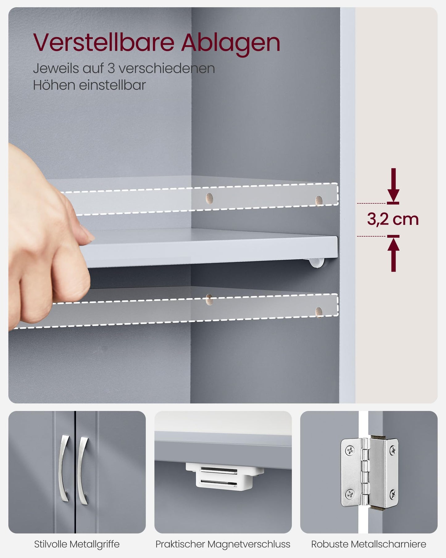 VASAGLE BBC320P36 Wall Mounted Bathroom Cabinet 18 x 60 x 60 cm Wall Cabinet with Adjustable Shelves Dove Grey