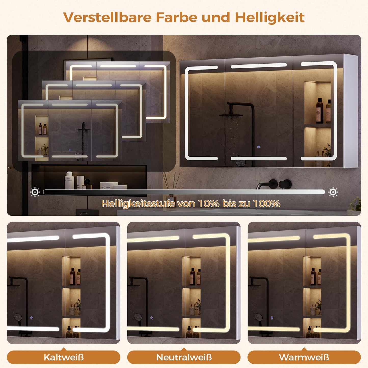 mojiasion Bathroom Mirror Cabinet 100 cm Wide with LED Lighting, Socket & 3 Colour Temperatures Dimmable Bathroom Cabinet with Touch Sensor 60 x 100 x 16 cm (H x W x D) Mirror + 3 Adjustable Shelves