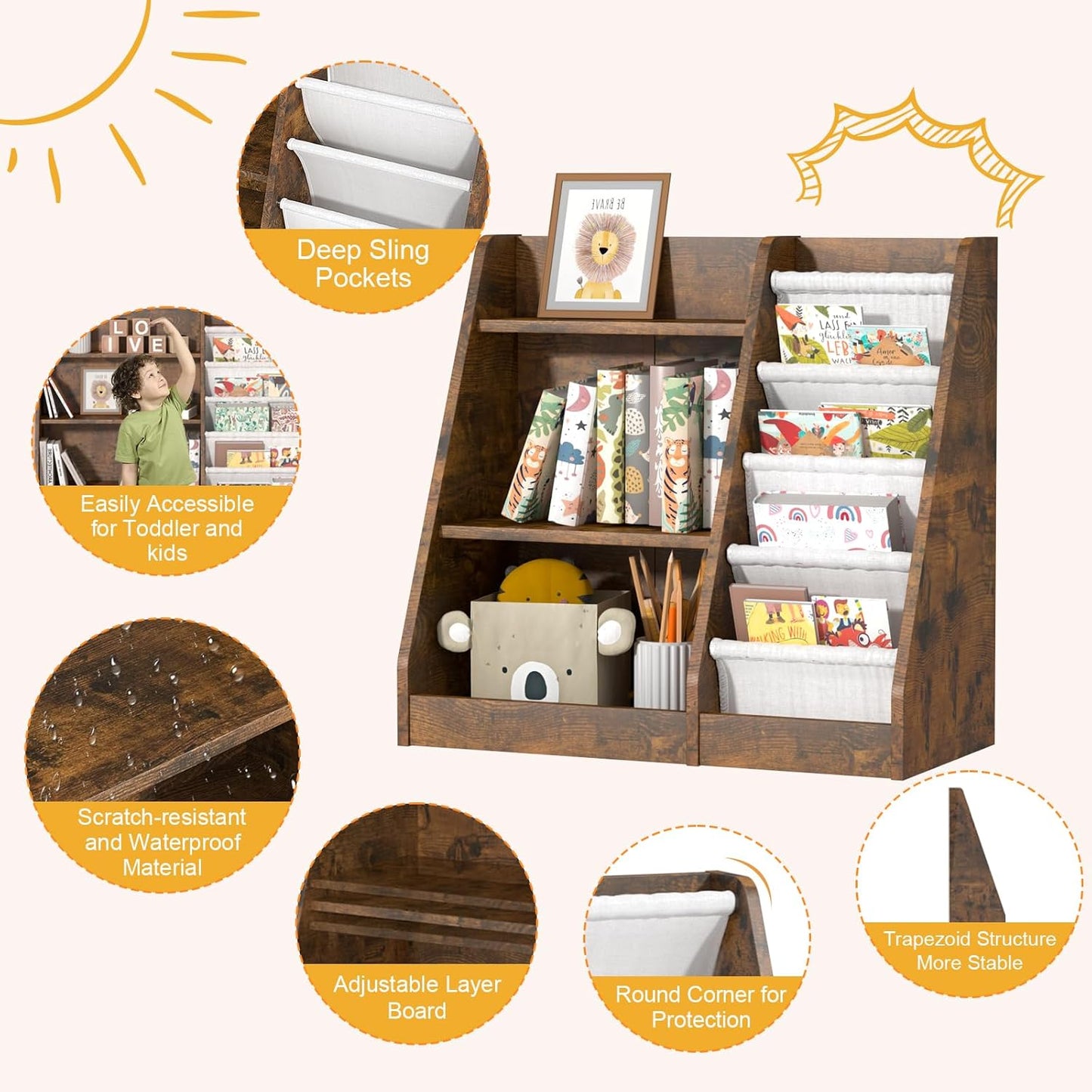 Children's Shelf, White with 5 Shelves and 4 Open Compartments, Bookcase for Children, Toy Organiser, 90 x 40 x 80 cm