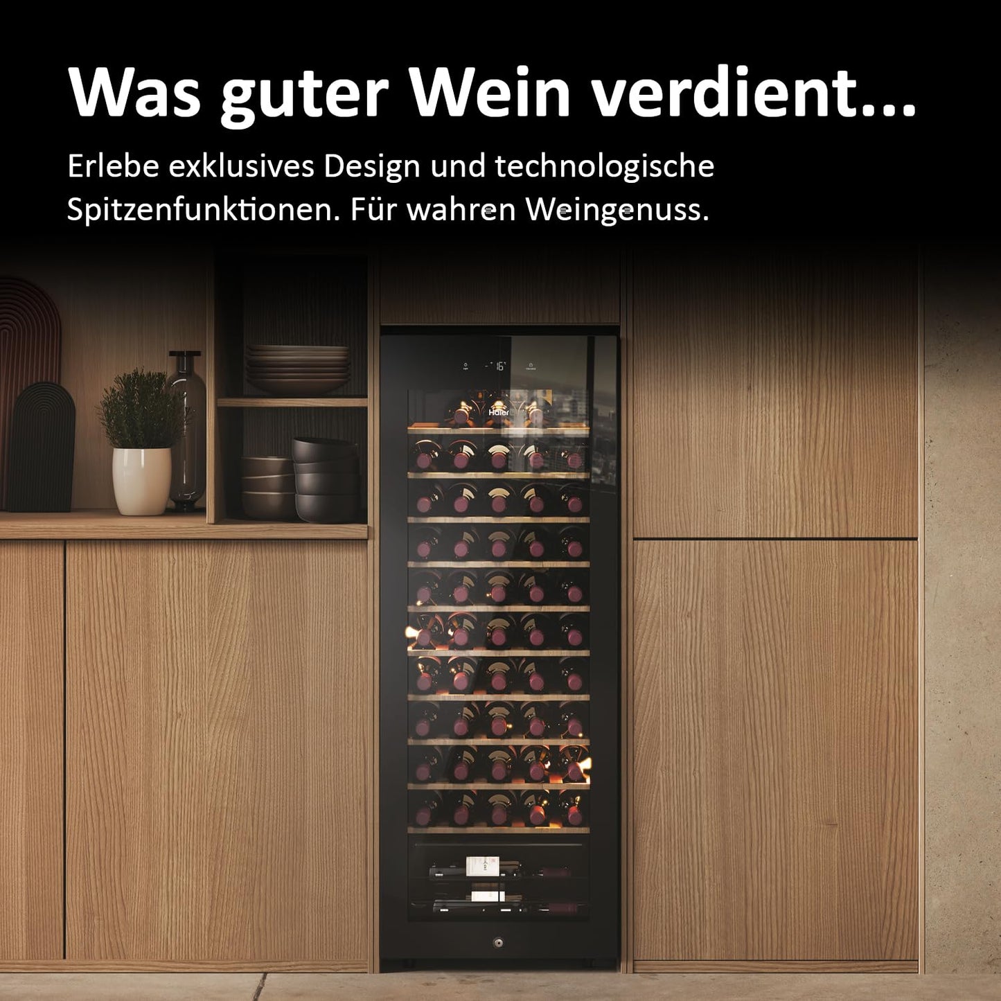 Haier Wine Fridge 50 Series 3 HWS34GGH1 I Wine Climate Cabinet for 34 Bottles I Modern Wine Fridge with UV Glass Door & 5 Wooden Shelves I Wine Cooler with Wi-Fi & Touch Display I Low Vibration