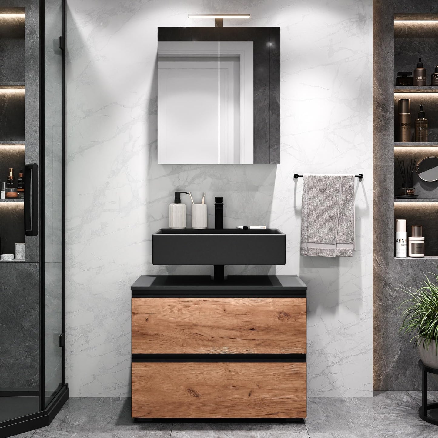 Planetmöbel EDA 80 cm Vanity Unit, Vanity Unit, Bathroom Cabinet for Guest Toilet and Bathroom, Anthracite/Gold Oak