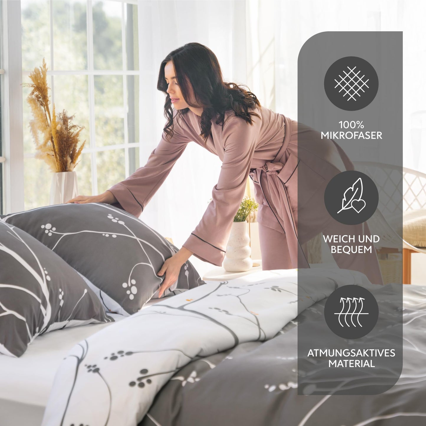 Dreamzie Bed Linen Set 155 x 220 cm with 2 Pillowcases 80 x 80 cm, Botanic Motif Sage Green, Adult Bed Linen, 155 x 220 cm, Made of 100% Microfibre, Certified, No Chemicals (OEKO TEX)