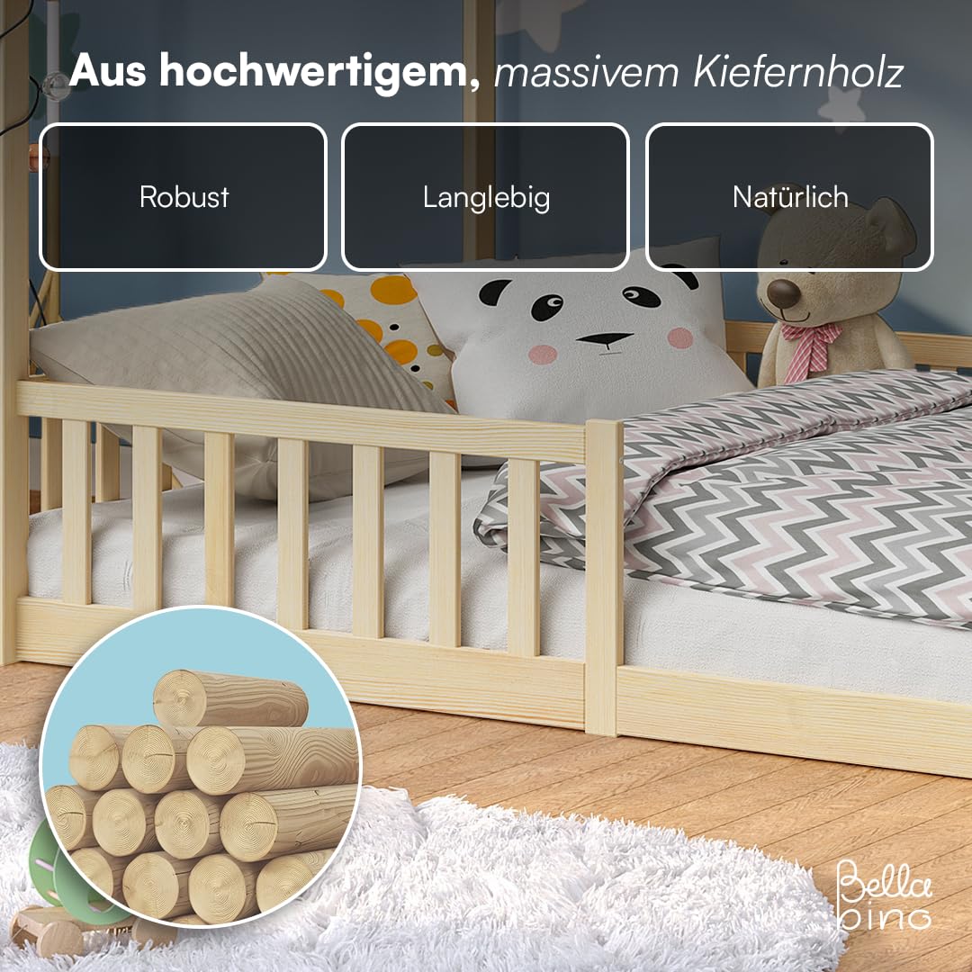 Bellabino Bia Children’s Bed, 90 x 200 cm, Children’s House Bed incl. Fall Protection and Rolled Slatted Frame, Montessori Floor Bed, White, Solid Pine Wood