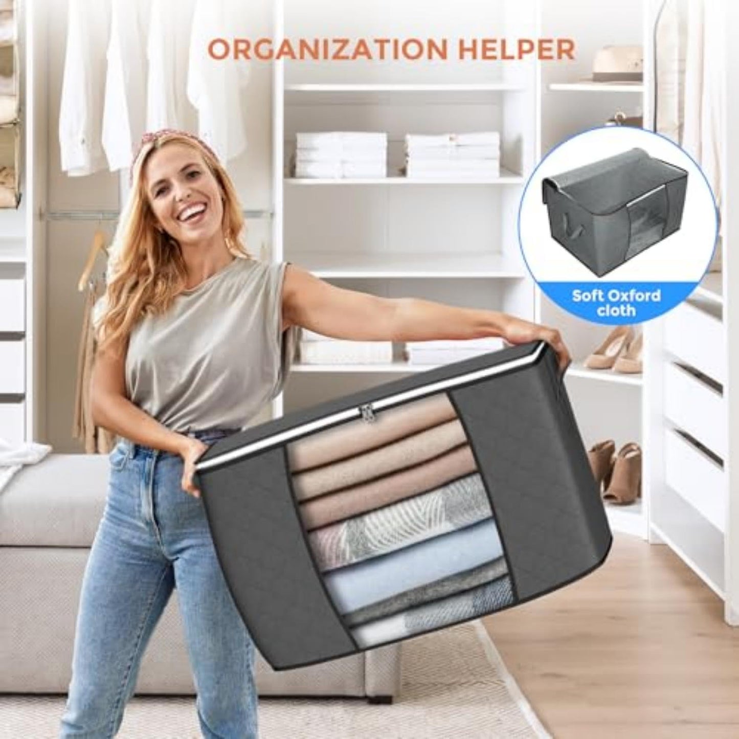 Budding Joy Pack of 6 90 L Storage Bags, Storage Boxes with Lid, Large, Clothes Storage, Moving Boxes, Foldable Underbed Wardrobe for Clothes, Duvets and Bedding, Grey
