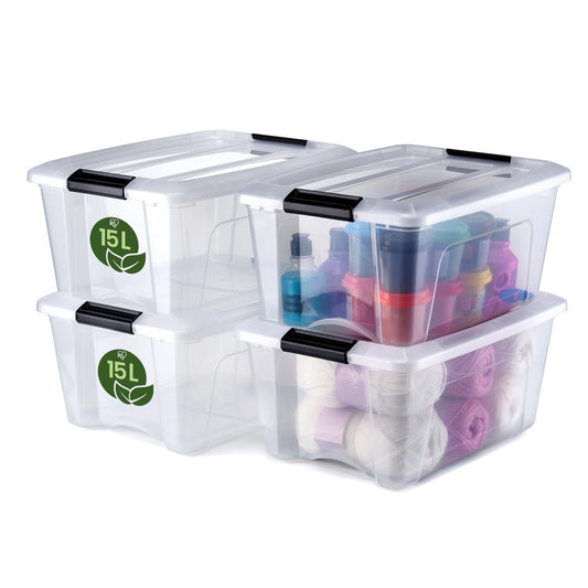 Iris Ohyama Storage Box with Lid, 80L, Set of 4, Transparent, Snap Latches with Handles, Stackable, Strong & Durable, for Clothes, Garage, Home, Office, Plastic Box, Storage TB-84D