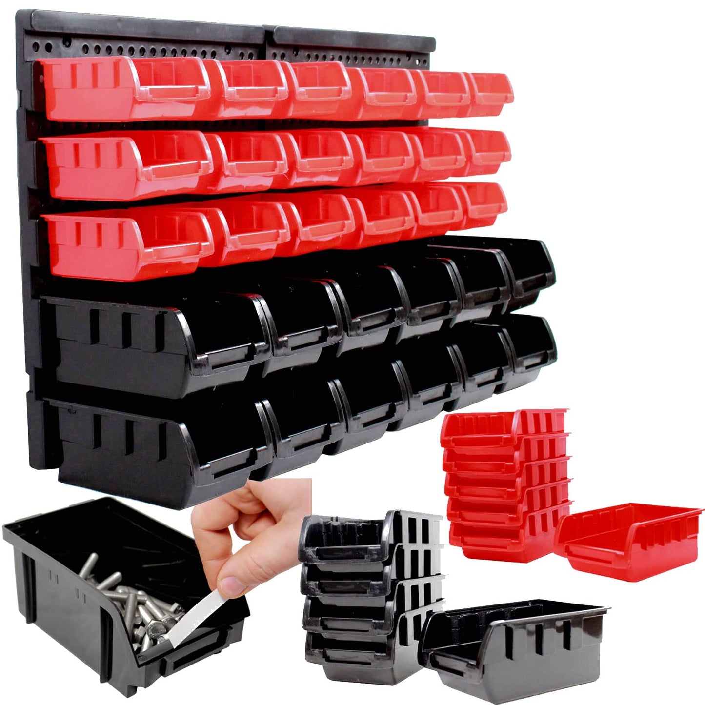 TRUTZHOLM Stacking Boxes with Wall Shelf, 32 Pieces, Small Parts Magazine, Storage Shelf, Assortment Box, Boltless Shelf, Sorting Boxes, Pours with Label Compartment (Red)