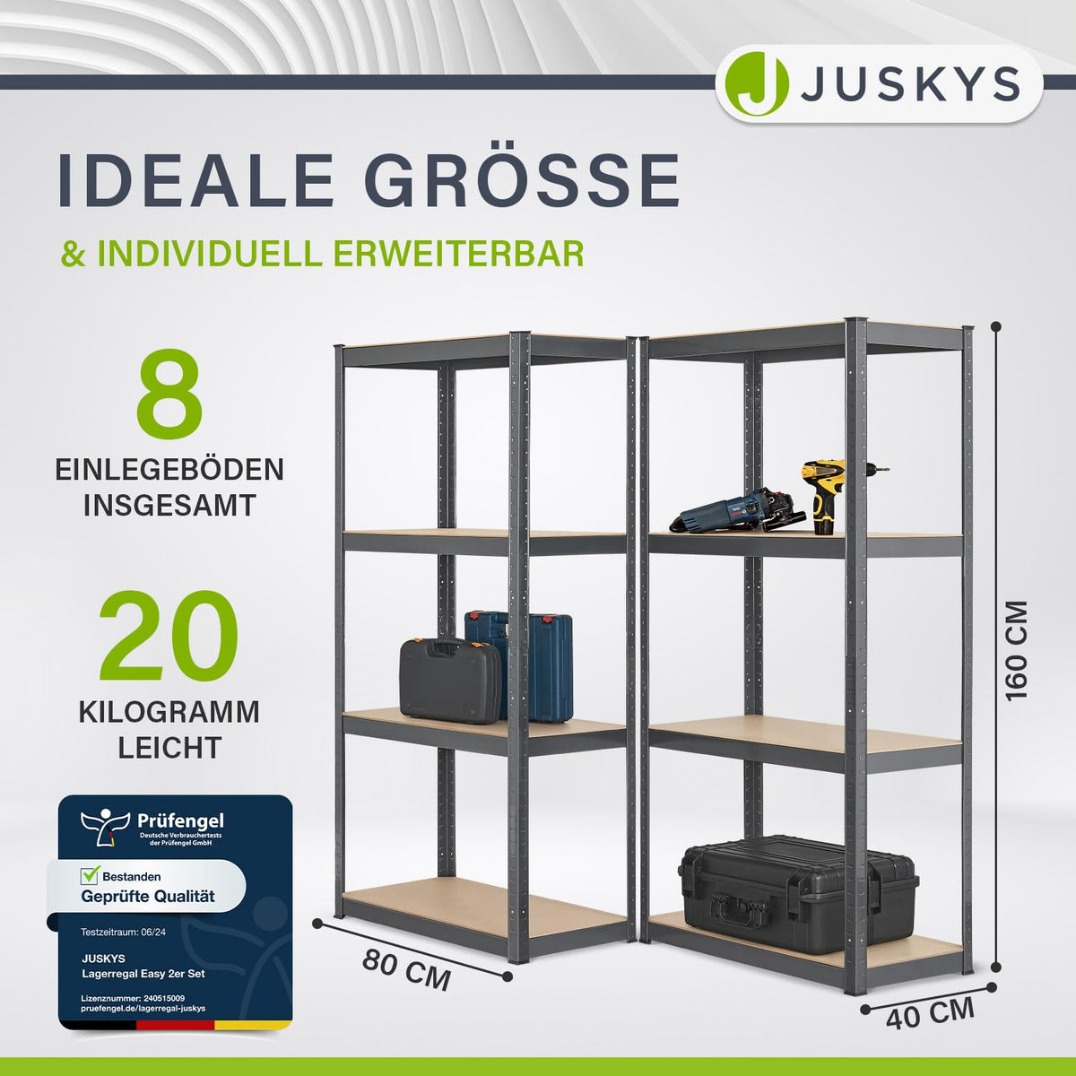 Juskys Easy Storage Shelves, Set of 2, 2 x 160 x 80 x 40 cm (H x W x D), 640 kg Load Capacity, 8 Shelves, Heavy Duty Metal Shelving, Basement Shelving Unit, Shelving System, Metal Shelf
